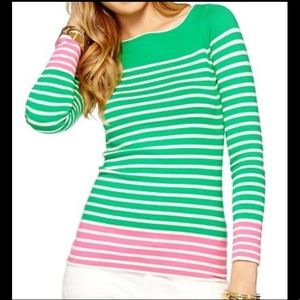 Lilly Pulitzer Maria Boatneck Sweater Jade Green Pink Stripes XS/ Extra Small